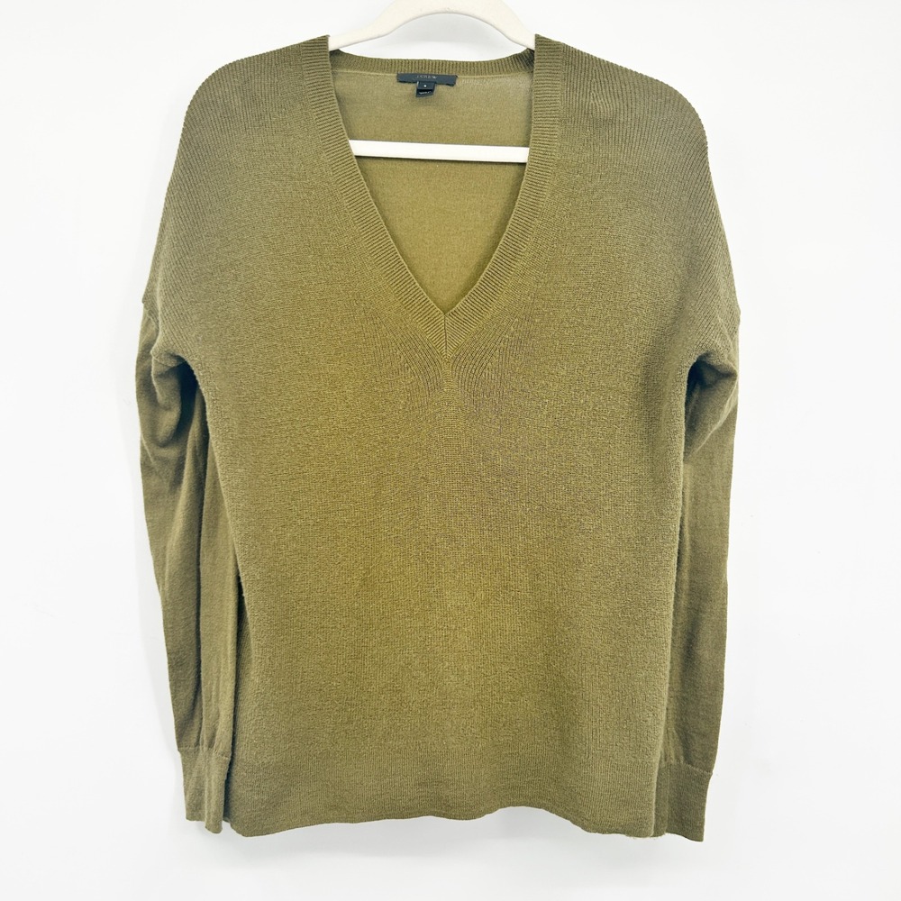 J. Crew Womens Olive Green Merino Wool Cotton Blend‎ V-Neck Pullover Sweater S